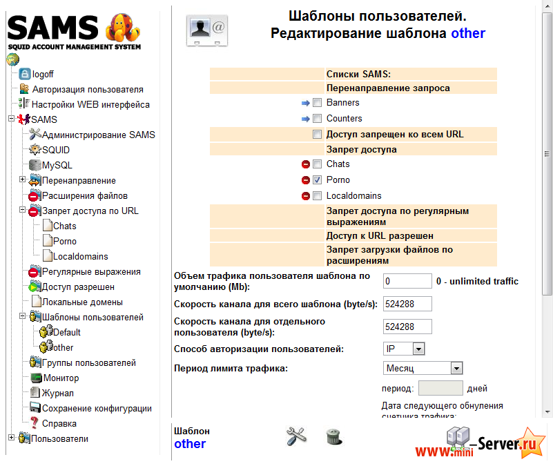 Редактирование шаблона пользователя в SAMS